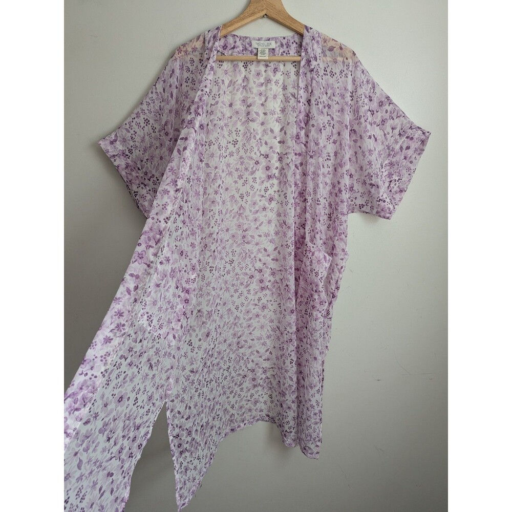 Rachel Zoe Sheer Chiffon Duster Long Open Kimono Purple Floral Fairycore Whimsy
